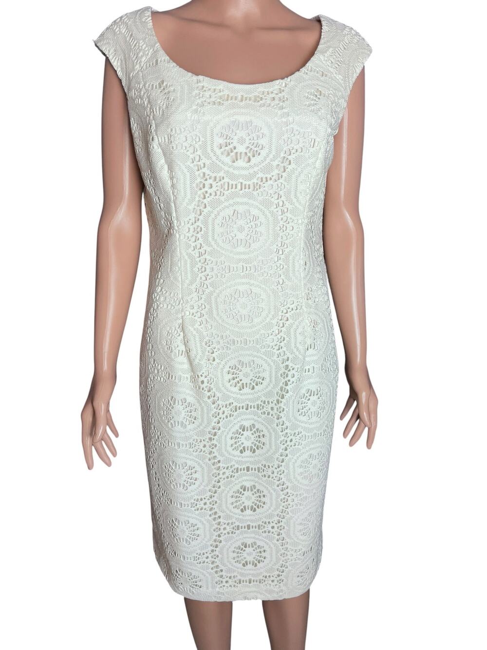 Adrianna Papell Ivory Lace Crochet Sheath Dress 12 Bridal Shower Summer Resort